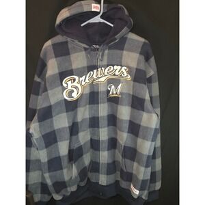 Stitches Milwaukee Brewers Plaid Fleece Zip Up Hoodie Mens‎ Large